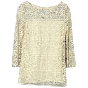 Max Studio Vintage Ivory Lace Illusion Neckline Top, EUC, Size Small
